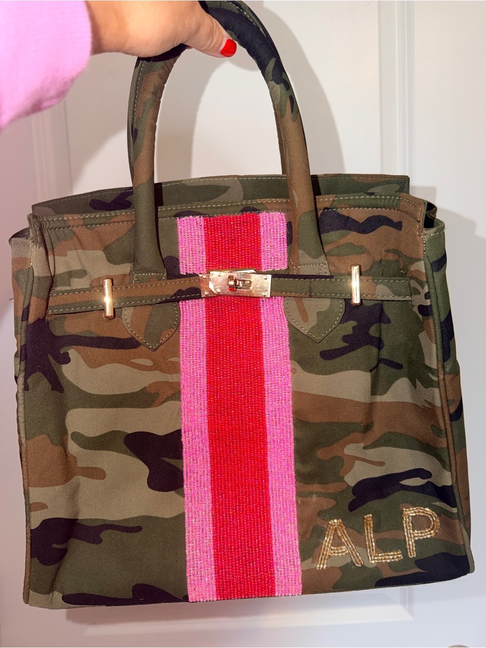Tiana Camo Tote Bag Beaded Pink & Red Stripe “ALP” Monogram Bottom Right Corner